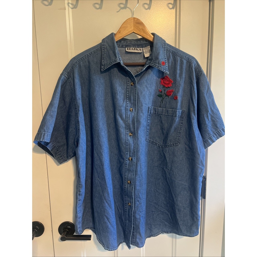 VTG Denim Patchwork Shirt XL Red Roses Cottagecore Flowers Ladybugs